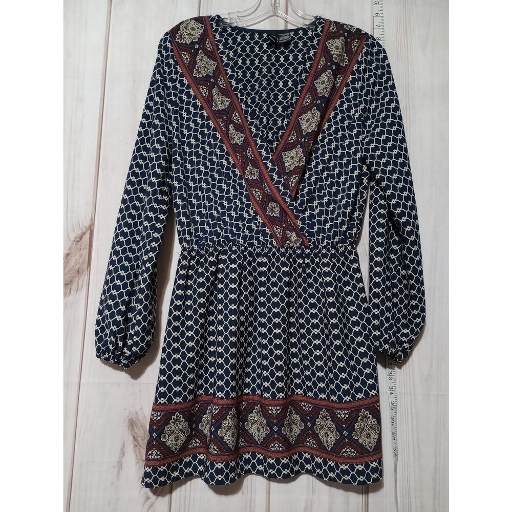Windsor Dress Womens Medium Blue Boho Long Sleeve Geometric Print Surplice‎ Fall
